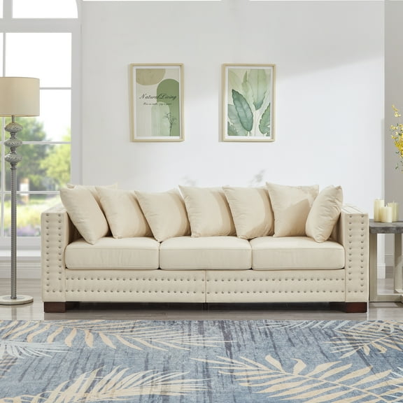 Modern Design Living Room Sofa Square Armrest with Silver Nails Decoration Upholstered Velvet Couch Apricot (Apricot)