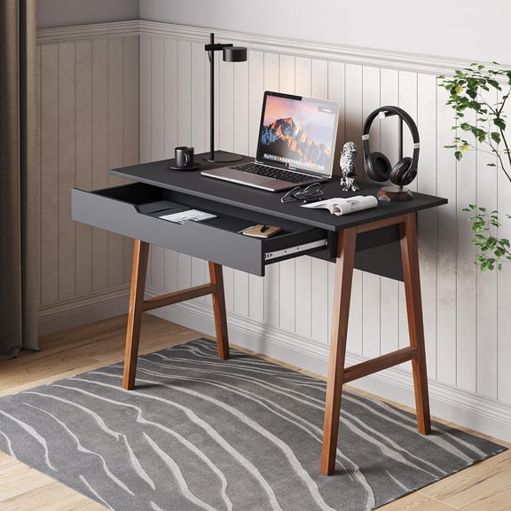 Modern Design Parma Small Desk for Bedroom, Black 42 Inch Writing Desk with Drawer, by Crafts and Comfort
