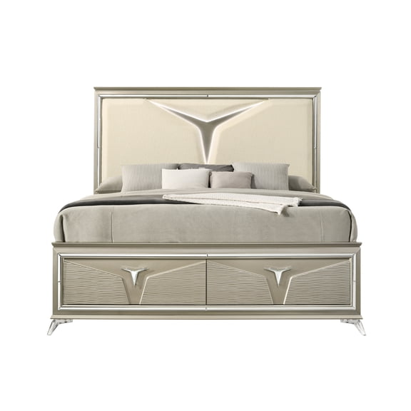 Modern Design Queen Bed With Lit Led Head Decoration And Practical Storage Options Bright Headboard Ample Drawer Space