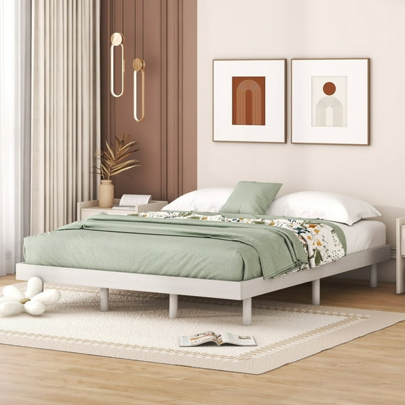 Modern Design Queen Size Floating Platform Bed Frame with Wooden Slats Support, Sturdy Construction & Durable Build, No Box Spring Required, Silent Design, Quick Assembly, White Washed Finish