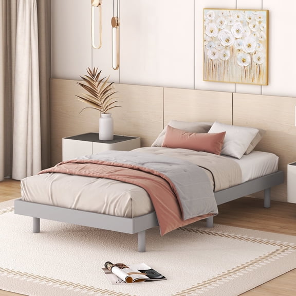 Modern Design Solid and Stable Twin Size Floating Platform Bed Frame (Grey)
