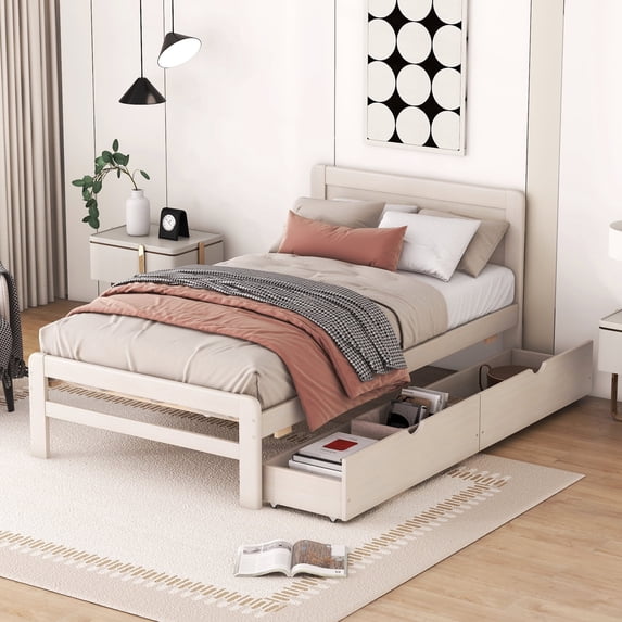 Modern Design Solid and Stable Twin Size Platform Bed Frame with 2 Drawers (White Washed)