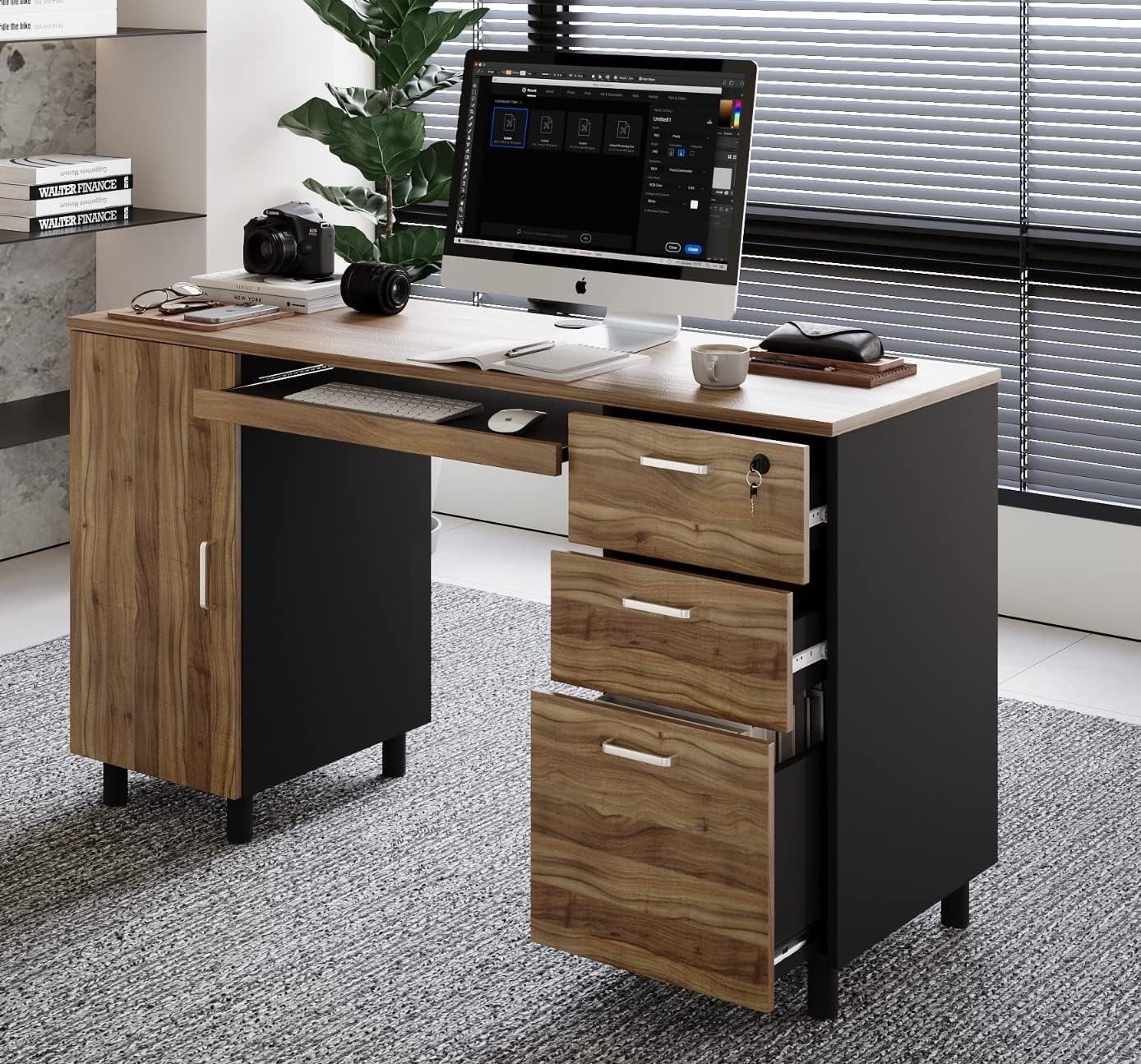 Modern Design Venice Computer Desk Great for Home Office Desk by Crafts and Comfort - 3 Drawers and CPU Storage Cabinet - Laptop Workstation with Keyboard Tray and Cable Hole - Walnut / Black