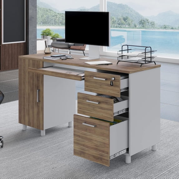 Modern Design Venice Computer Desk Great for Home Office Desk by Crafts and Comfort - 3 Drawers and CPU Storage Cabinet - Laptop Workstation with Keyboard Tray and Cable Hole - Walnut / White
