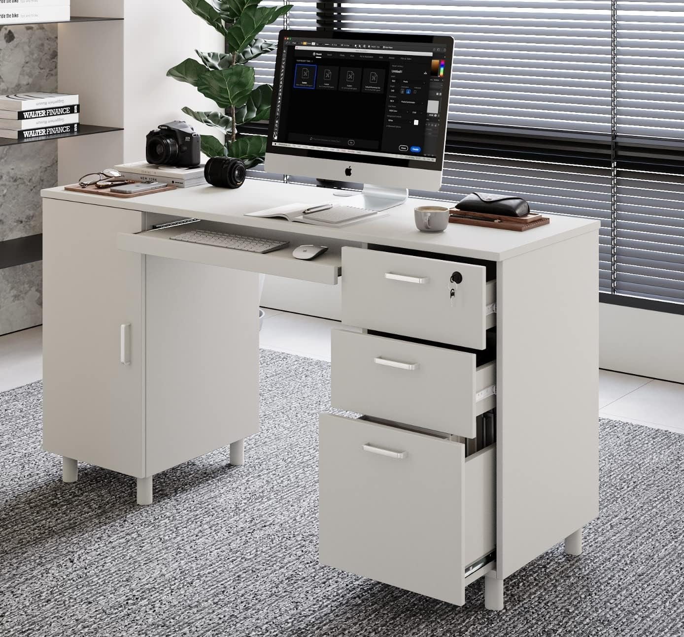 Modern Design Venice Computer Desk Great for Home Office Desk by Crafts and Comfort - 3 Drawers and CPU Storage Cabinet - Laptop Workstation with Keyboard Tray and Cable Hole - White