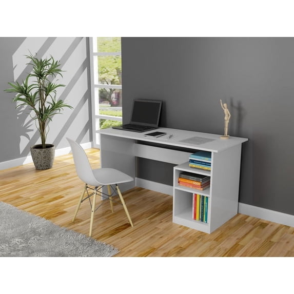 Modern Design White Writing Desk with Book Storage, Computer Workstation, White Finish