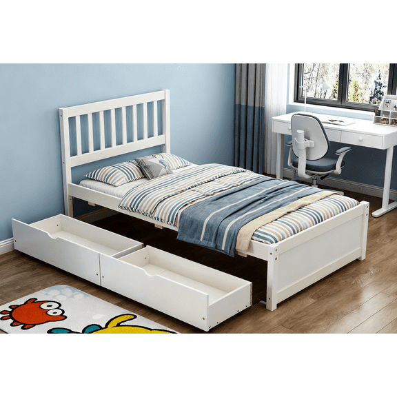 Modern Design Wooden Twin Size Platform Bed with 2 Drawers for White Washed Color