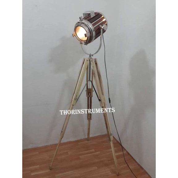 Modern Designer Wood Spot Light Searchlight Studio Floor Lamp With Teak Wood Threefold Tripod Stand