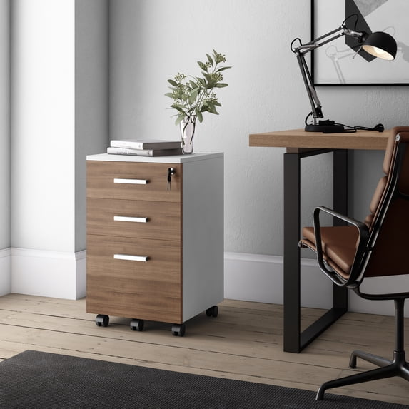Modern Designs by Crafts and Comfort Lazio File Cabinet 3 Drawers with Lock - Great for Home and Office Use, Wheels and Fits Under Desks – Walnut / White Height 26 Inches