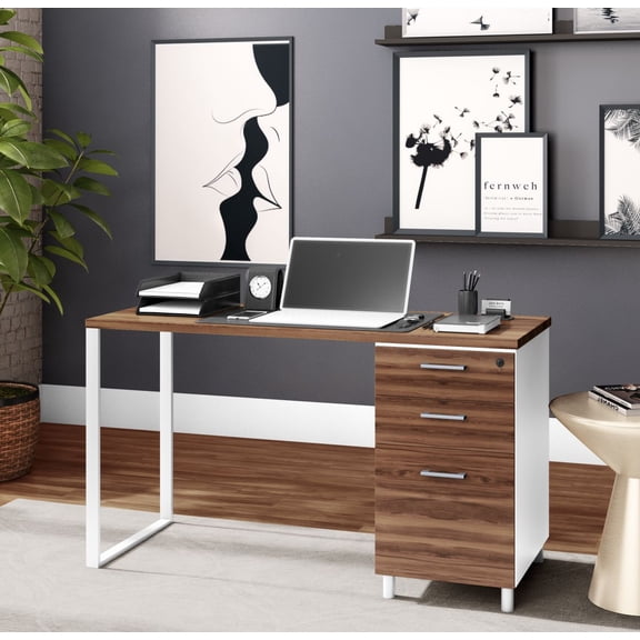 Modern Designs by Crafts and Comfort Milano Modern Home & Office Computer Desk - 47 Inch with 3 Locking Drawers - Wooden Study Writing Desk with Storage Space - Walnut/White