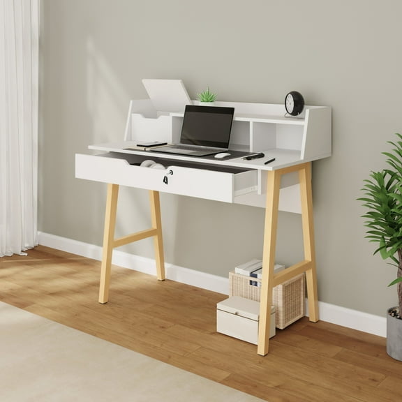 Modern Designs by Crafts and Comfort Roma Elegant Writing Desk - with Storage, Cable Holes & Drawers - Great for use as Workstation and Writing for Students in Bedroom or Dormroom - White