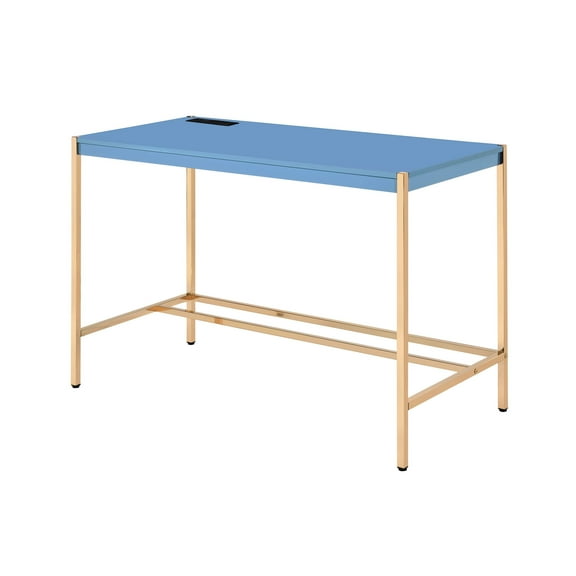 Modern Desk In Navy Blue And Gold With Ports Electrical Connectivity Charging Outlet Integrations For Office Productivity Enhancement