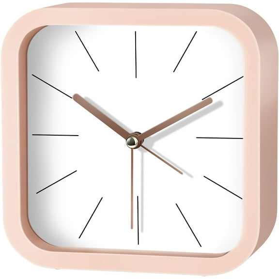 Modern Desktop Clock - Silent Non-Ticking Analog, Battery Operated Small Table Clock for Office & Nightstand (Pink Square)
