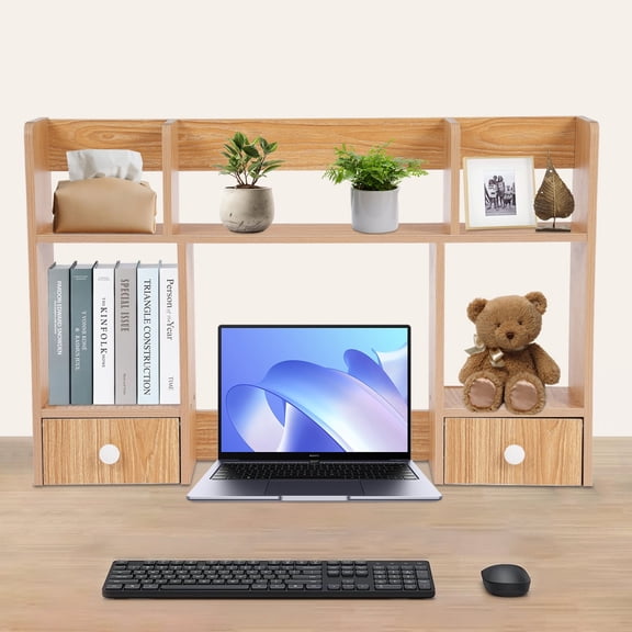 Modern Desktop Storage Organizer Home Office Desktop Bookshelf Holder Computer Rack Desk Organizer for Space Saving (Rubberwood Color)