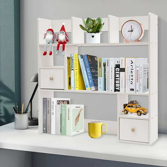Modern Desktop Storage Organizer Home Office Desktop Bookshelf Holder Computer Rack Desk Organizer for Space Saving (White)