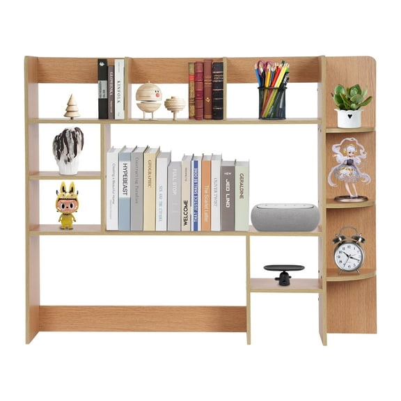 Modern Desktop Storage Organizer Home Office Desktop Bookshelf Holder Computer Rack Desk Organizer for Space Saving (Wood Color)