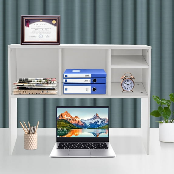 Modern Desktop Storage Organizer Home Office Desktop Bookshelf Holder Computer Rack Desk Organizer for Space Saving (white)