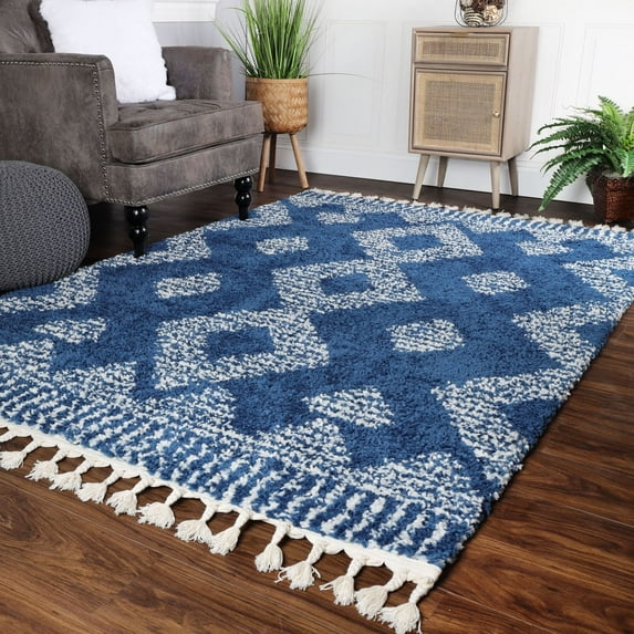 Modern Diamond Plush Polypropylene Indoor Shag Area Rug with Fringe - 5' x 7’, Cream/Blue