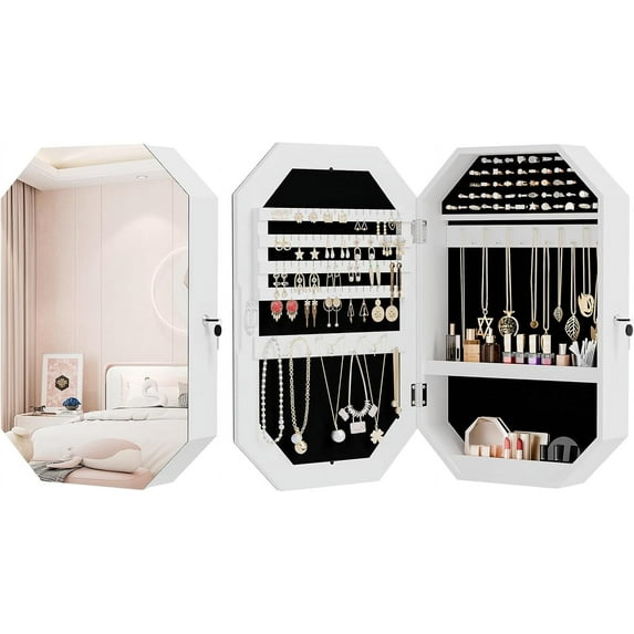 Modern Diamond-Shaped Jewelry Armoire, Lockable Octagonal Jewelry Cabinet Organizer with Mirror, Wall Mounted for Space Saving