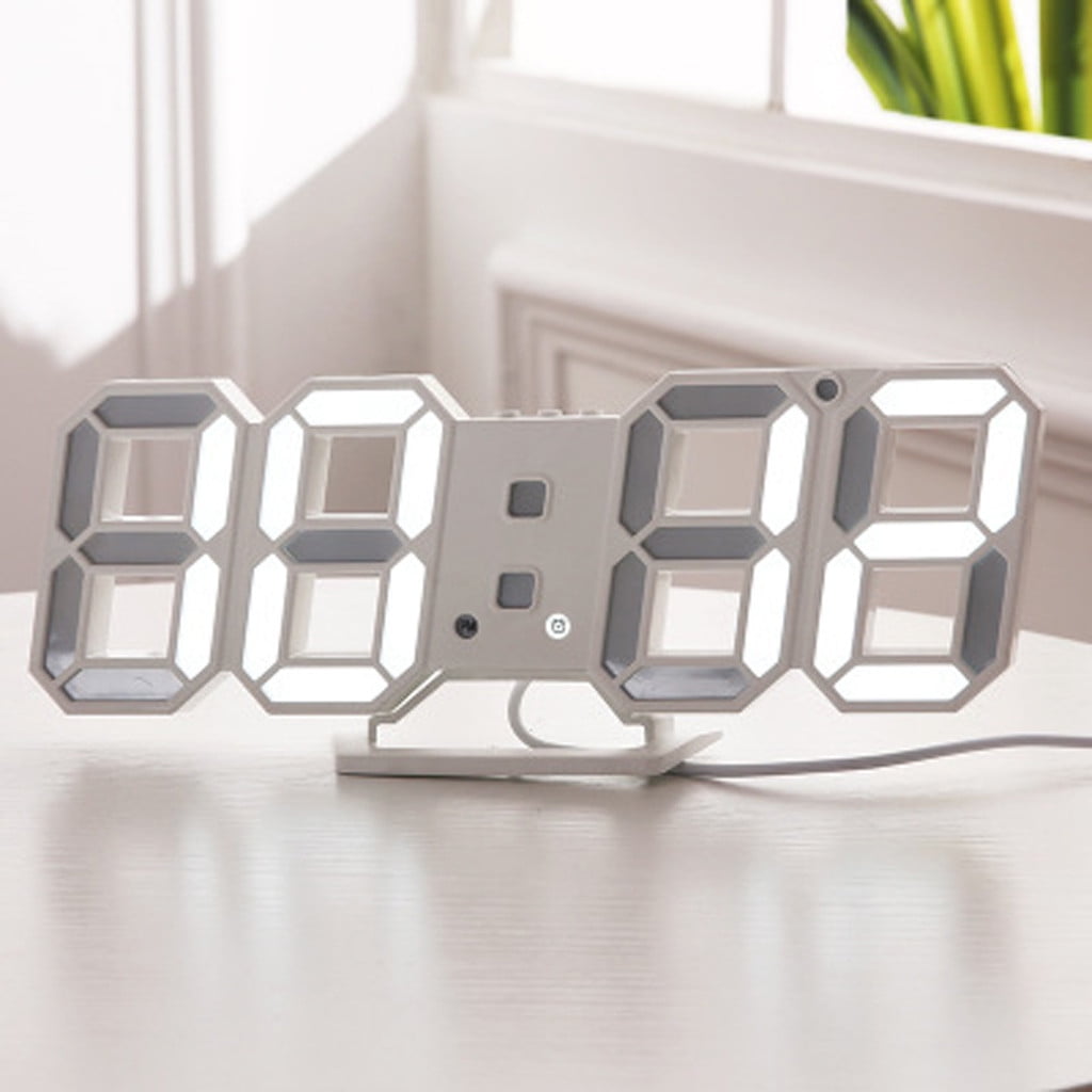 Modern Digital 3D White LED Wall Clock Alarm Clock Snooze 12/24 Hour