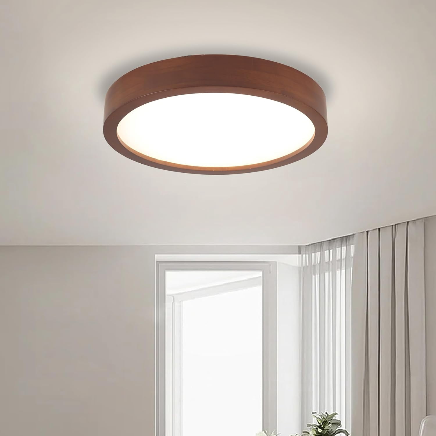 Modern Dimmable LED Ceiling Light with Wood Finish Flush Mount Fixture Adjustable 5CCT for Bedroom Kitchen Living Room Hallway 11.8 Inch