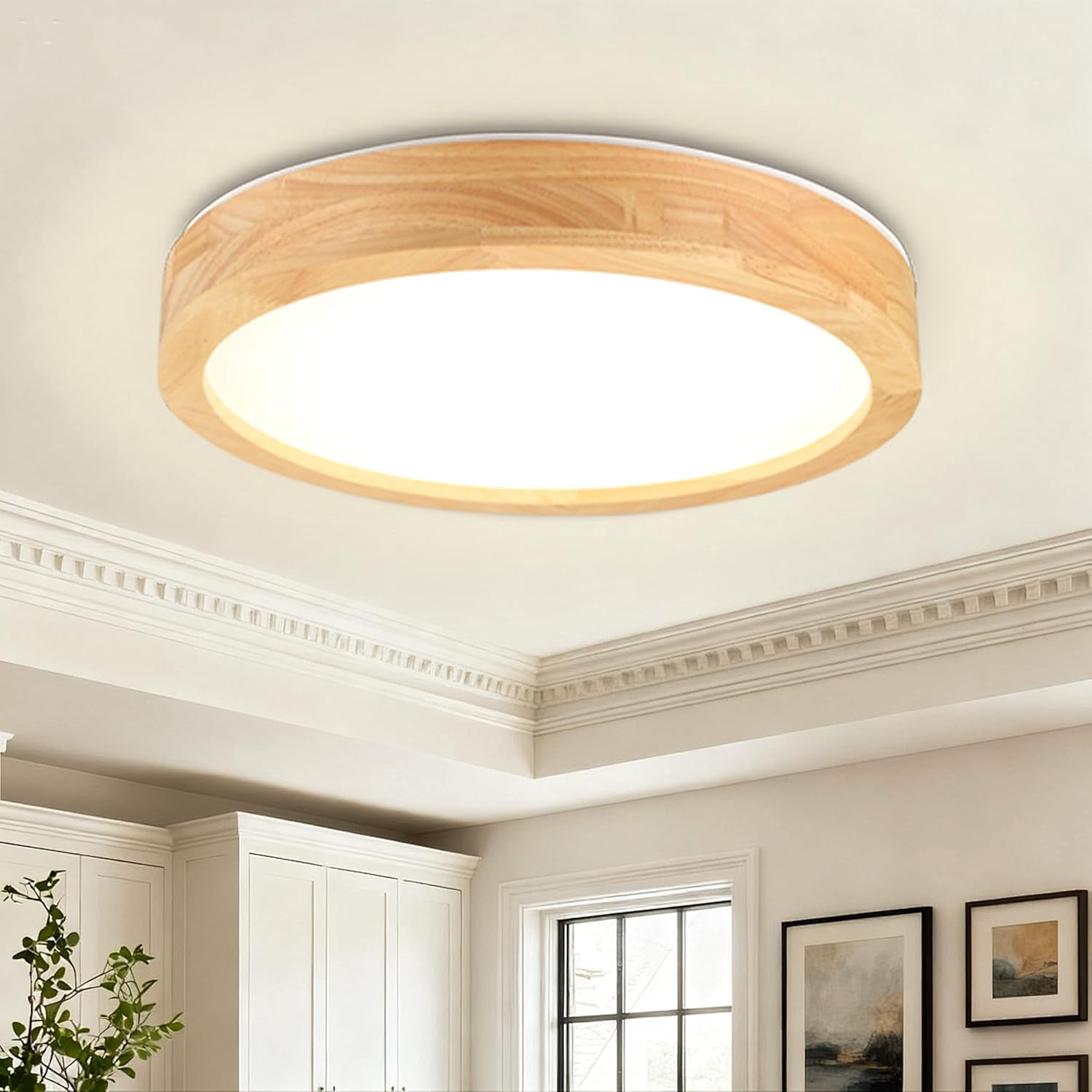 Modern Dimmable LED Ceiling Light with Wood Finish Flush Mount Fixture Adjustable 5CCT for Bedroom Kitchen Living Room Hallway 11.8 Inch