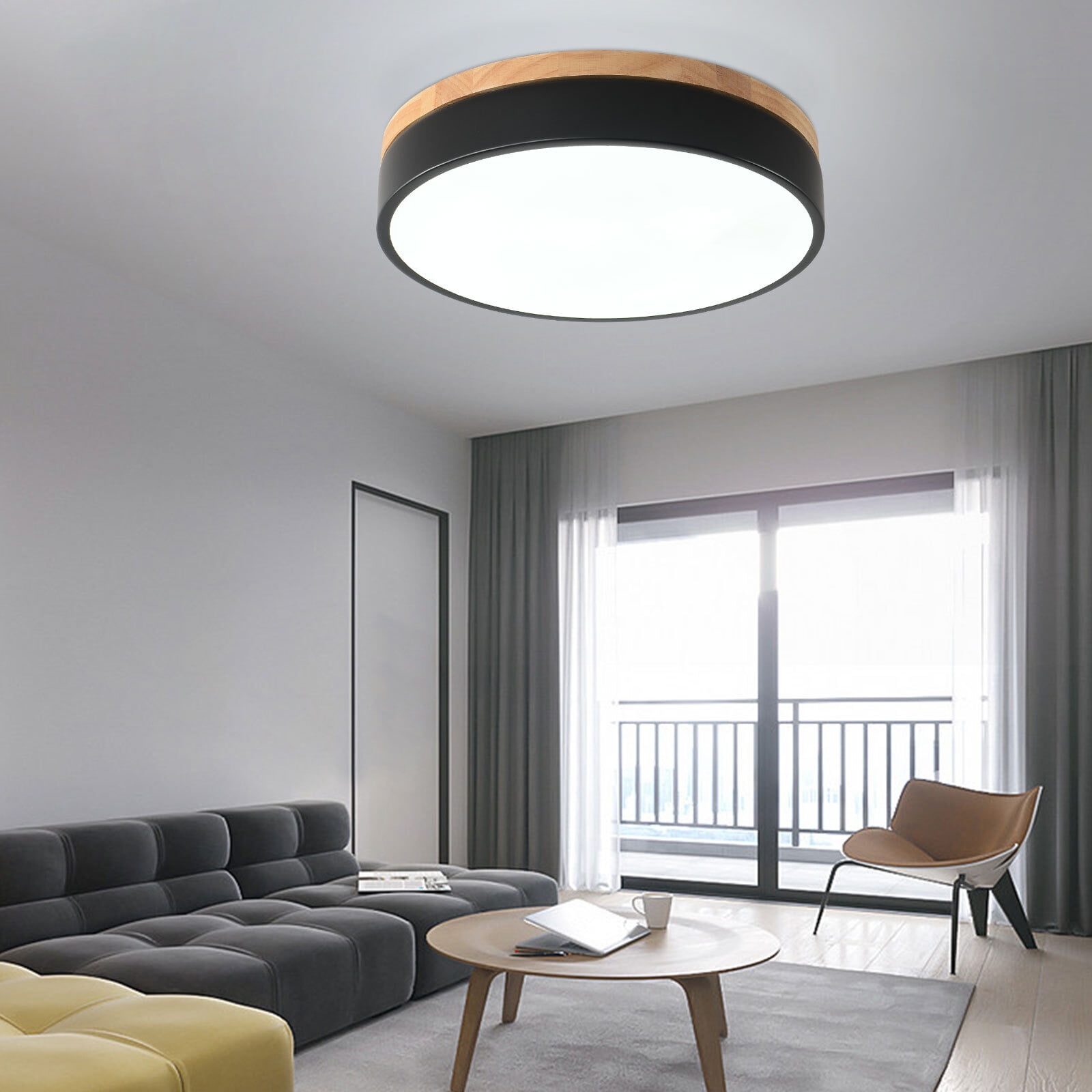 Modern Dimmable LED Close to Ceiling Light, Minimalist Oak Style Flush Mount Ceiling Light Fixture, Circle Lighting for Bedroom Bathroom Laundry Room Porch Kitchen(Black, 11.8'')