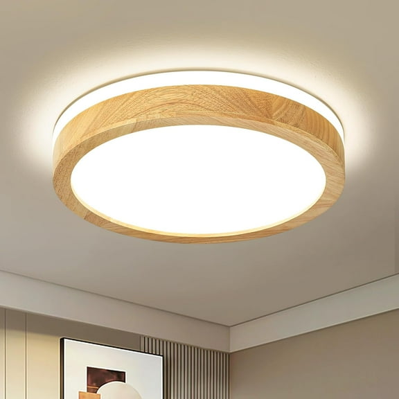 Modern Dimmable Wood Flush Mount Ceiling Light, 2700K-6000K 5CCT Round Close to Ceiling Lighting Fixtures, Minimalist LED Ceiling Lamp for Bedroom, Kitchen, Hallway, Laundry Room-11.81in