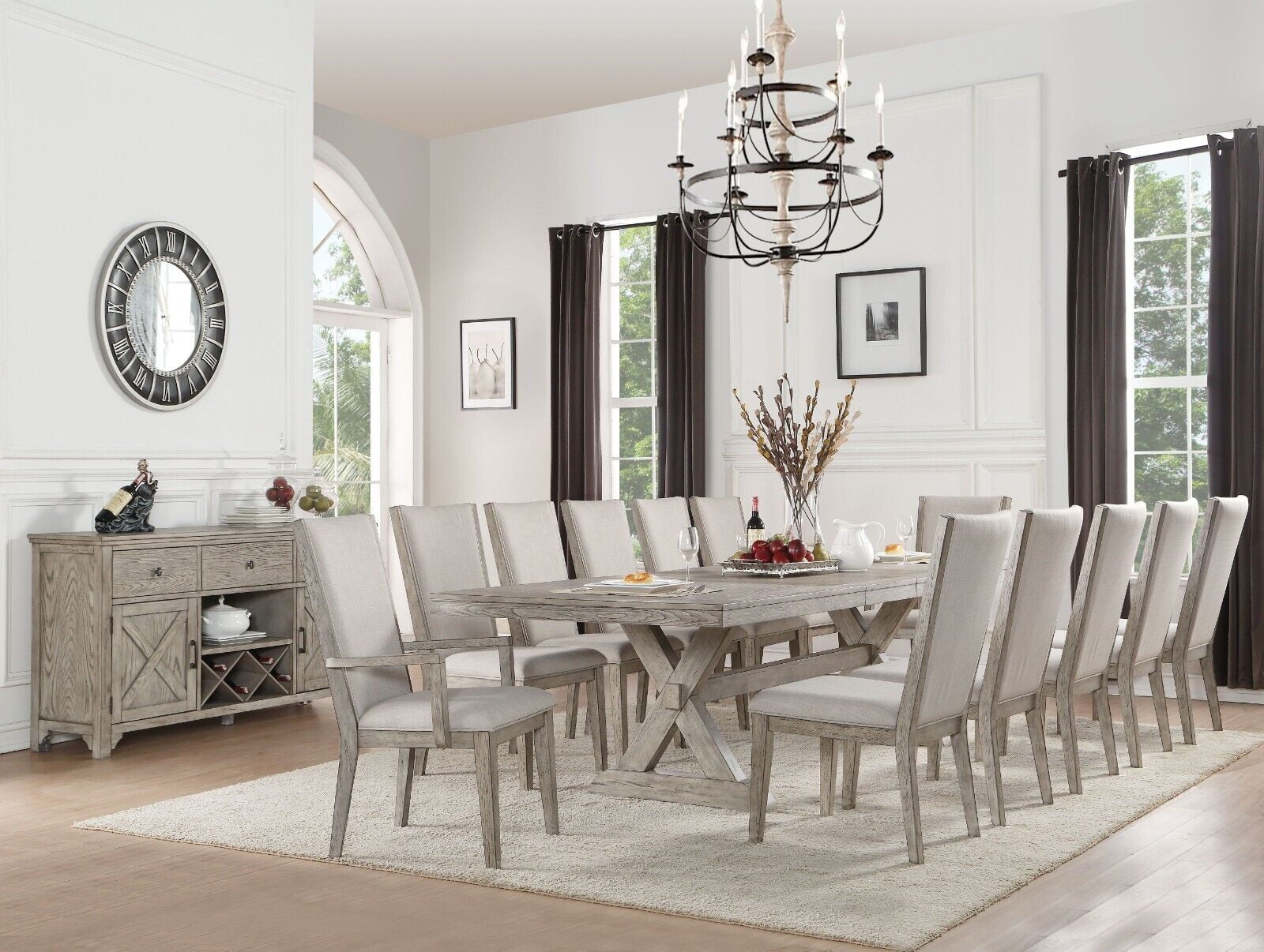Modern Dining 13pc Set Table w Leaf 10 Side Chairs 2 Arm Chairs Gray Oak Finish Dining Room Furniture