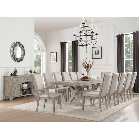 Modern Dining 13pc Set Table w Leaf 10 Side Chairs 2 Arm Chairs Gray Oak Finish Dining Room Furniture