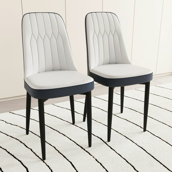 Modern Dining Chair Of 2, Pu Leather Upholstery, Soft Cushion, Black Metal Legs, Ergonomic Curve (blue 2 Kitchen Chairs - Leather, Comfortable Seat, Legs