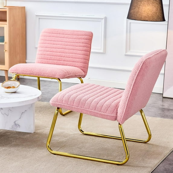 Modern Dining Chair Plush Fabric Sofa Chair with Gold Metal Legs, Upholstered Accent Chair for Living Room, Bedroom, Club (Pink + Plush)