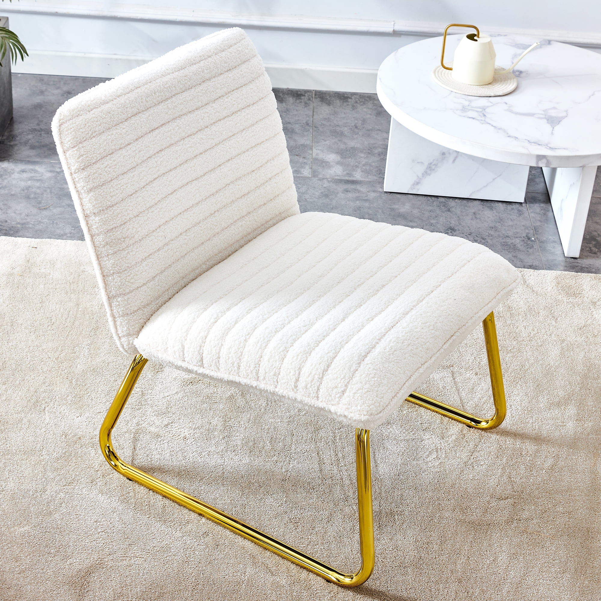 Modern Dining Chair Plush Fabric Sofa Chair with Gold Metal Legs