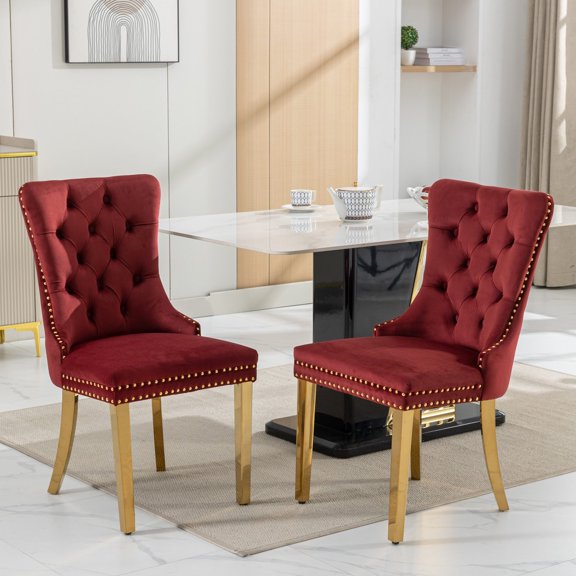 Modern Dining Chair Set of 2 | Hand - crafted for Dining Spaces | Stainless Steel Gold - plated Legs and Nailhead Trim | Long - term Comfort with Triple Elastic Structure