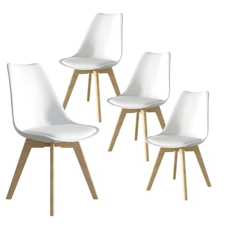 Modern Dining Chair Set of 4, Kitchen Chair with High Back, Tulip Chair with Solid Wood Legs and PU Leather Cushion for Living Room, Bedroom, Dining Room (White)