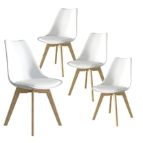 Modern Dining Chair Set of 4, Kitchen Chair with High Back, Tulip Chair with Solid Wood Legs and PU Leather Cushion for Living Room, Bedroom, Dining Room (White)