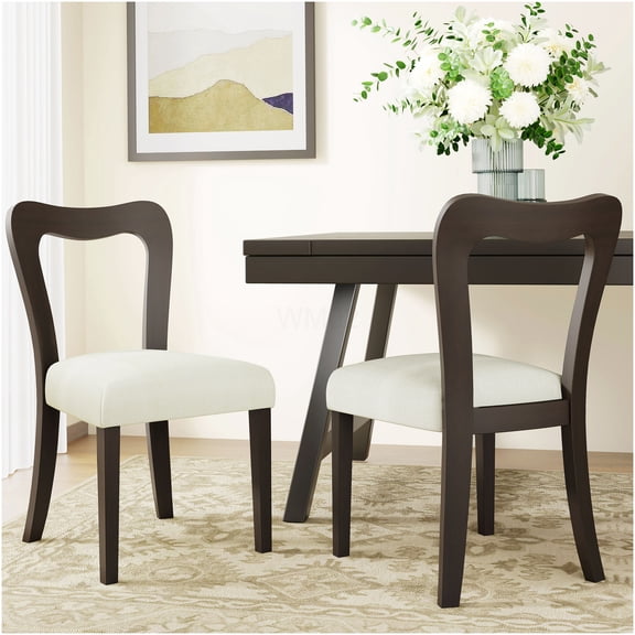Modern Dining Chair Set of 2, Upholstered Side Chairs with Rubberwood Frame, Dark Brown and Beige Fabric