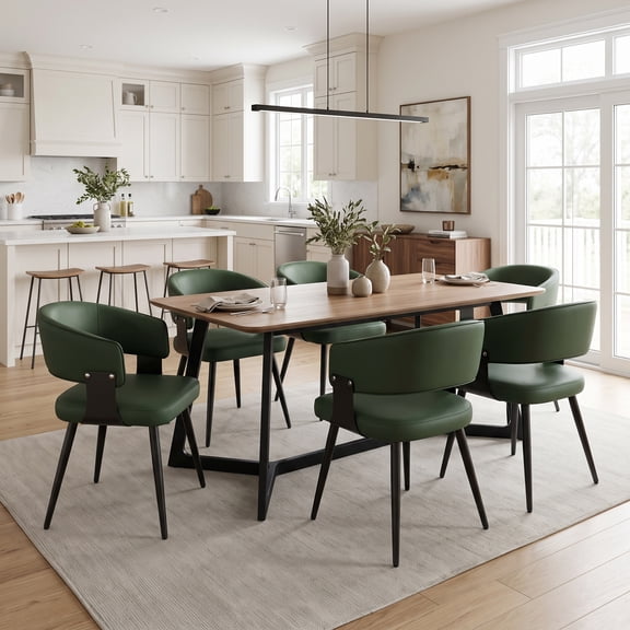 IZXGS Dining Chairs Set of 6, Modern Upholstered Faux Leather Kitchen Chairs with Curved Back Metal Legs,Green
