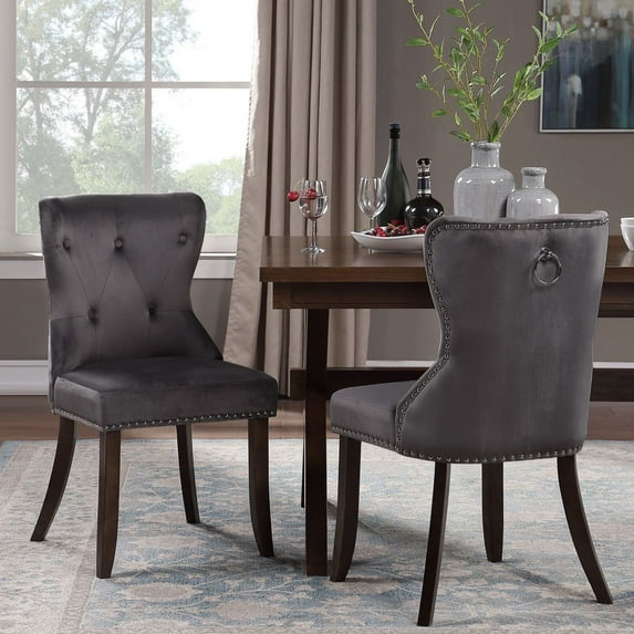 Dining Room Chairs Set of 2, Tufted Upholstered Dining Chairs with Nailhead Trim&Solid Wood Legs, Fabric Dining Room Chairs, Classic Accent Leisure Chair for living room, Meeting, Hotel, Gray, W15180