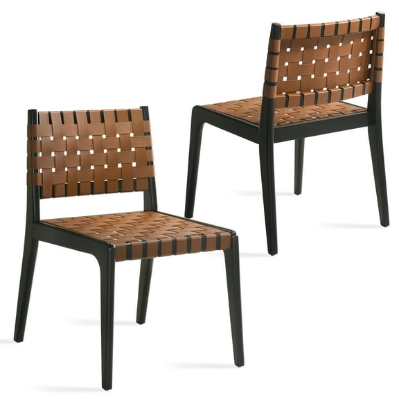 Modern Dining Chairs, Brown Leather Strap Seat and Back, Black Rubberwood Frame and Legs, Minimal Assembly Required, Stylish Accent Chairs for Dining Room or Kitchen, Brown, Set of 2