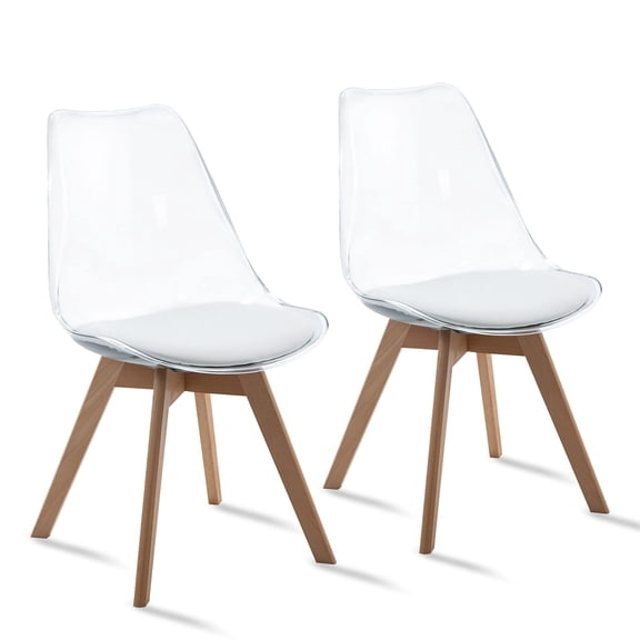 Modern Dining Chairs Set of 2, Clear Acrylic Kitchen Accent Chairs with PU Leather Cushion Seats and Sturdy Beech Wood Legs, Perfect for Dining Room, Living Room or Bedroom Furniture, White