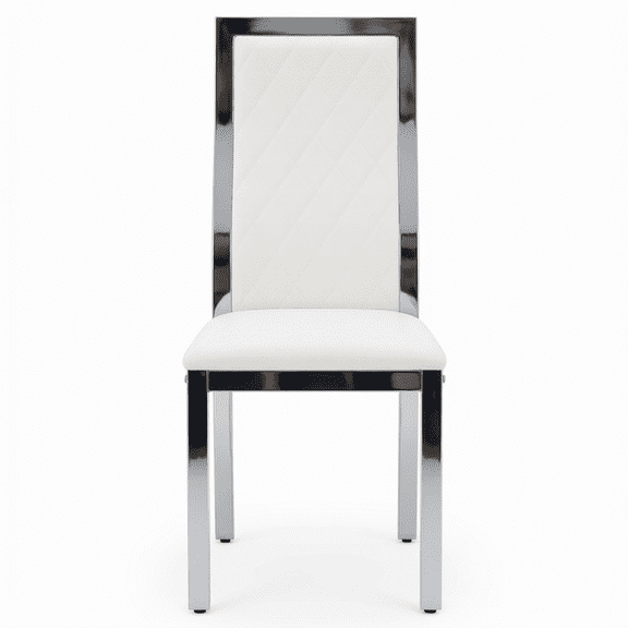 Modern Dining Chairs Set of 2, Faux Leather Upholstered Side Chairs with Chrome Metal Frame, High Back Design with Diamond Grid Pattern, Adjustable Foot Pads, White