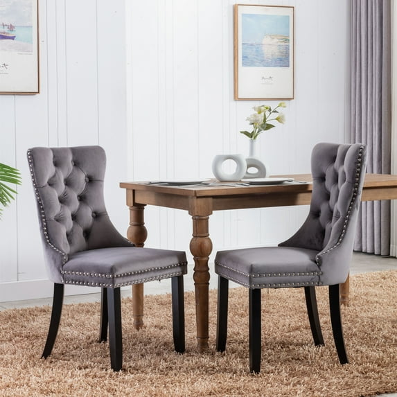 Modern Dining Chairs Set of 2, High-end Tufted Contemporary Velvet Upholstered Dining Chair with Black Wood Legs and Nailhead Trim for Dining Room Kitchen Vanity Patio, Gray