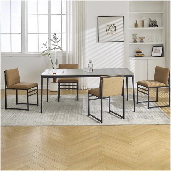 Modern Dining Chairs Set of 2 with Linen Upholstery and Iron Frame, Minimalist Design Comfortable Seating for Kitchen, Dining Room, Cafe - Coffee Color