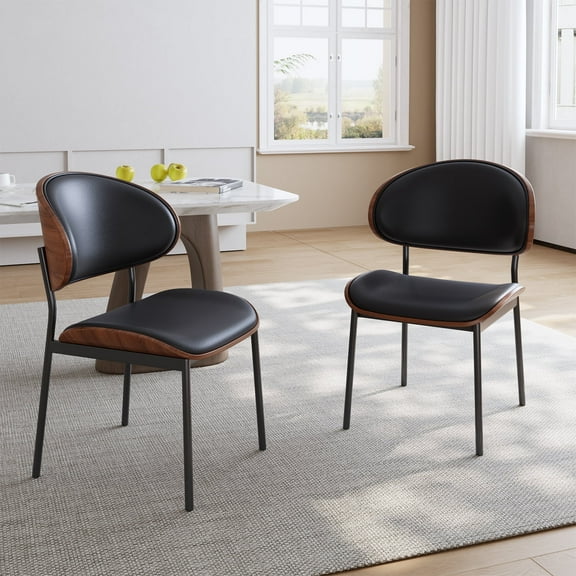Modern Dining Chairs Set of 2, Mid-Century Upholstered Kitchen Chairs, Faux Leather Padded Seat with Curved Wood Back and Metal Legs, Armless Side Chairs for Dining Room