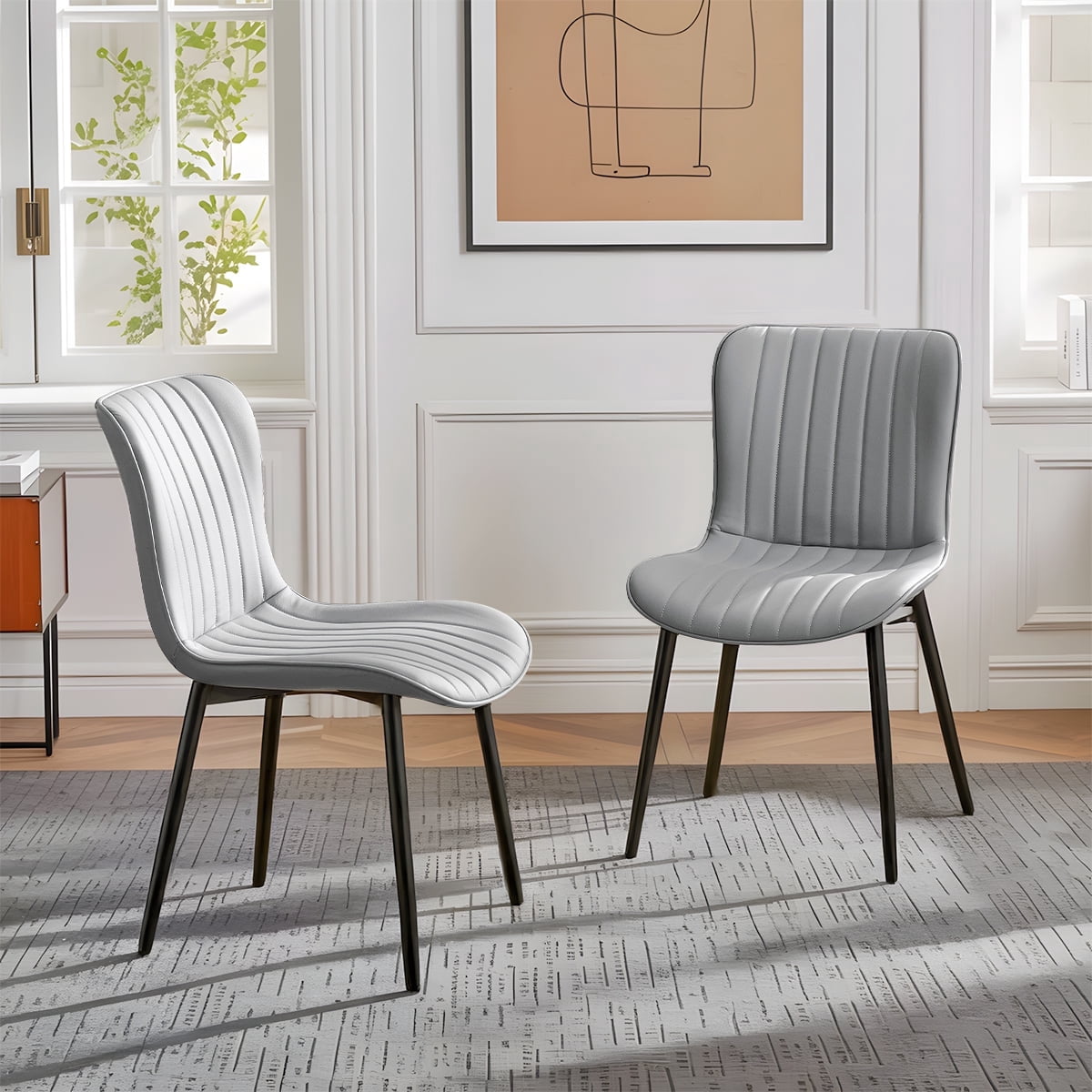 Modern Dining Chairs Set of 2, PU Leather Upholstered Kitchen Side Chairs with High Backrest, Heavy Duty, Cushions & Durable Metal Legs with Adjustable Feet for Kitchen, Dining Room,Restaurant,Grey