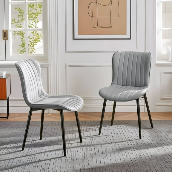Modern Dining Chairs Set of 2, PU Leather Upholstered Kitchen Side Chairs with High Backrest, Heavy Duty, Cushions & Durable Metal Legs with Adjustable Feet for Kitchen, Dining Room,Restaurant,Grey