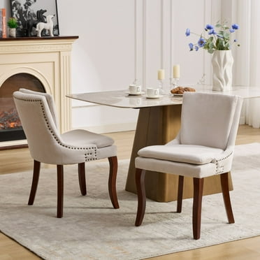 Modern Dining Chairs Set of 2, Upholstered Chenille Accent Side Leisure Chairs with Mid Back & Curved Solid Wood Legs for Living Room, Dining Room, Nailhead Design, Beige
