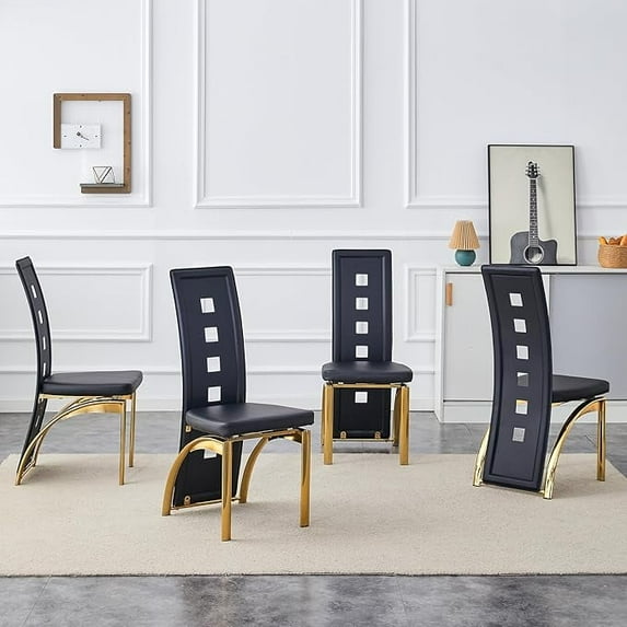 Modern Dining Chairs Set of 4, Black Dining Room Chairs Set of 4, Upholstered PU Leather Kitchen Chairs with Gold Metal Legs, High Backrest Armless Seating for Kitchen, Dining Room