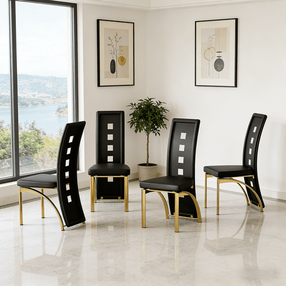 Modern Dining Chairs Set of 4, Black Dining Room Chairs Set of 4, Upholstered PU Leather Kitchen Chairs with Gold Metal Legs, High Backrest Armless Seating for Kitchen, Dining Room